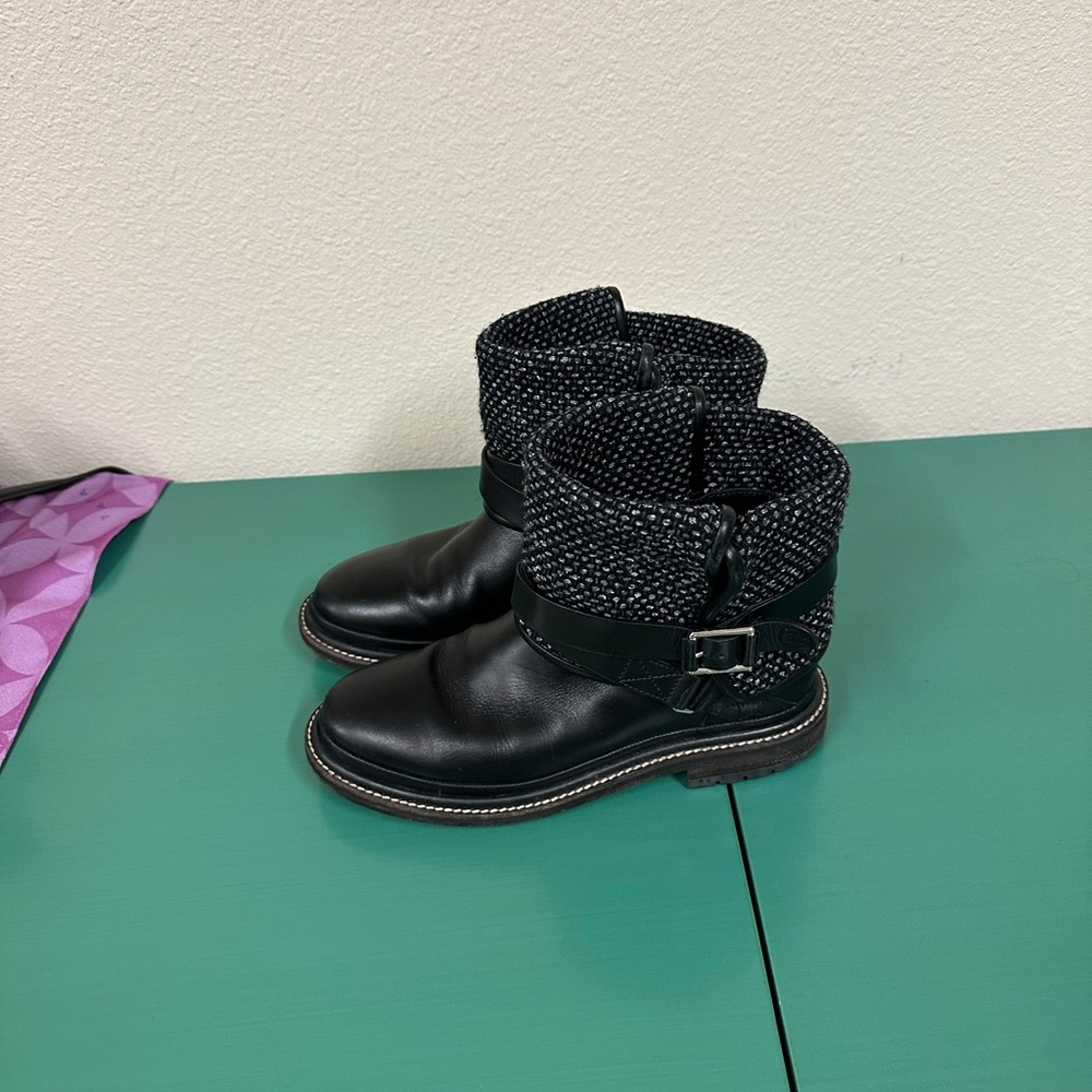 Chanel leather and tweed booties size 37.5 / US 6.5 - 7 black blue gray